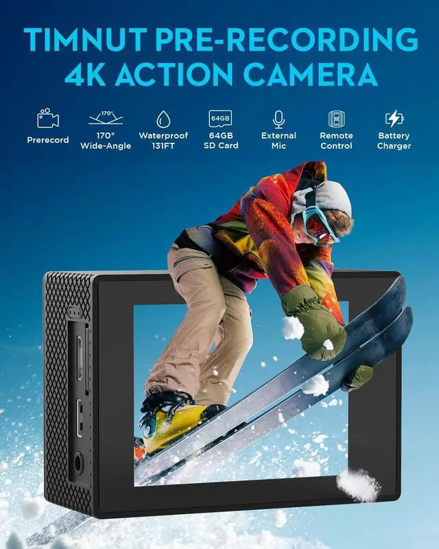 Alt view image 2 of 6 - Action Camera 4K30fps with 64G SD Card,HD Waterproof Camera 131ft Underwater Cameras 20MP Pre-recording WiFi Camera 170° Remote Control Sports Cameras with 2 Batteries Helmet Mount Accessories Kits