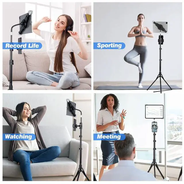 Alt view image 7 of 7 - 67-in iPad Tripod Stand, 360 Rotating Tablet Mount & Phone Holder, Compatible with 9.9-15.7 Inches Tablets