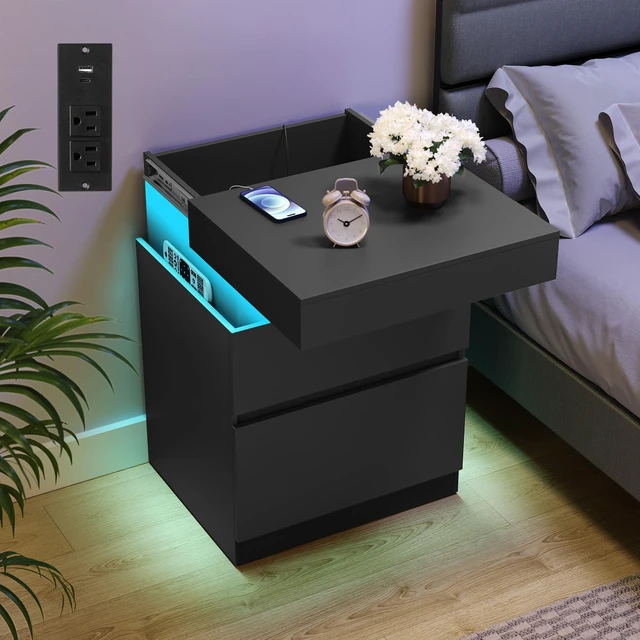 Main image of Black Nightstands, Charging Station, LED Lights,2 Drawers | Bedside Table, 2 AC Outlets, 2 USB Ports, 18.9 x 15.7 x 26.8 Inches, Ink Black, KAILYN Collection ULET650BC01S