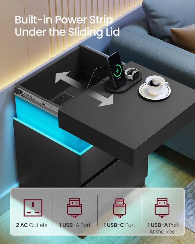 Alt view image 2 of 5 - Black Nightstands, Charging Station, LED Lights,2 Drawers | Bedside Table, 2 AC Outlets, 2 USB Ports, 18.9 x 15.7 x 26.8 Inches, Ink Black, KAILYN Collection ULET650BC01S