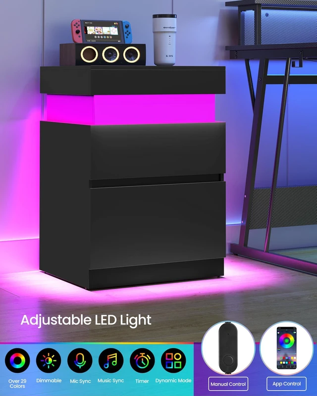 Alt view image 3 of 5 - Black Nightstands, Charging Station, LED Lights,2 Drawers | Bedside Table, 2 AC Outlets, 2 USB Ports, 18.9 x 15.7 x 26.8 Inches, Ink Black, KAILYN Collection ULET650BC01S