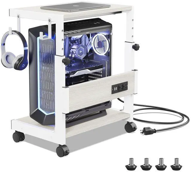 Main image of Computer Tower Stand with Charge Station and USB Charging Port - Height Adjustable PC Tower Stand, Under Desk CPU Holder Cart with Locking Caster Wheels for Fits Most PC