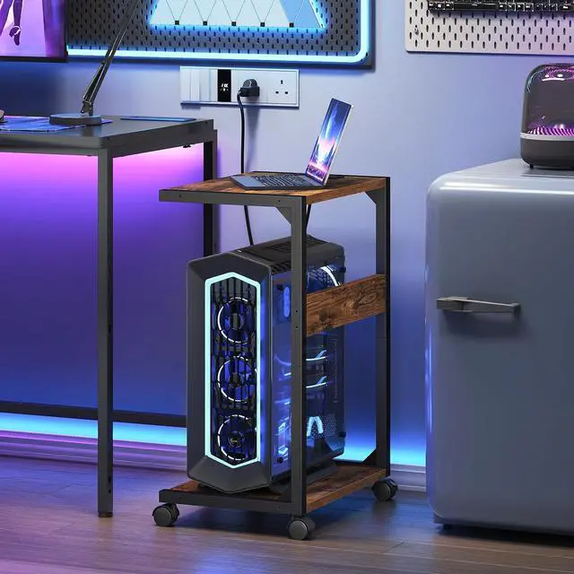 Alt view image 2 of 7 - Computer Tower Stand, PC Stand with Charging Station, 2-Tier PC Tower Stand with Locking Caster Wheels, CPU Stand Fits Most PCs, PC Stand for Floor, for Home Office Rustic Brown BF01UCJ01G1