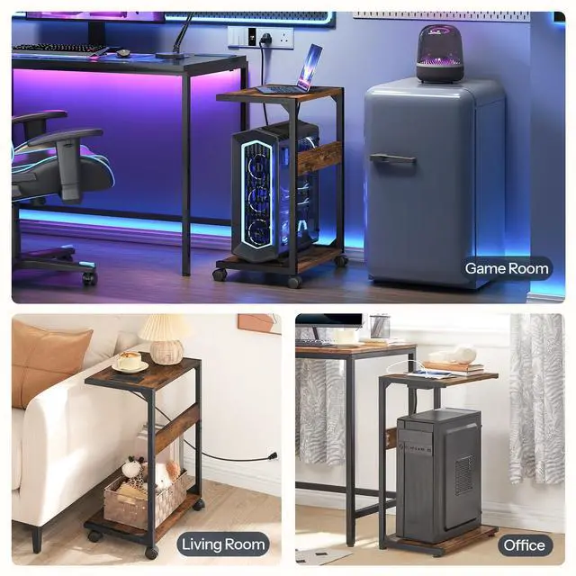 Alt view image 5 of 7 - Computer Tower Stand, PC Stand with Charging Station, 2-Tier PC Tower Stand with Locking Caster Wheels, CPU Stand Fits Most PCs, PC Stand for Floor, for Home Office Rustic Brown BF01UCJ01G1