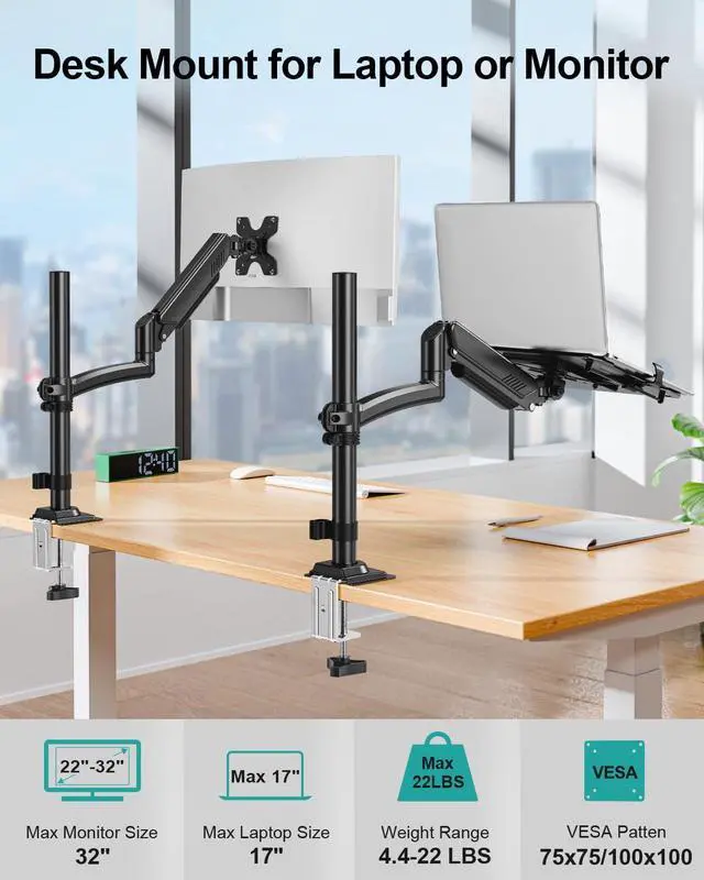 Alt view image 2 of 7 - Laptop Arm Desk Mount, Single Monitor Stand with VESA Laptop Tray, Adjustable Lap Top Holder for Max 22lbs 17" Notebook & 32" Computer Screen, Swivel Notebook Bracket, Clamp on/Grommet Base