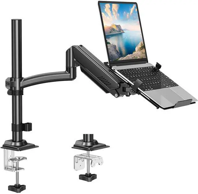 Main image of Laptop Arm Desk Mount, Single Monitor Stand with VESA Laptop Tray, Adjustable Lap Top Holder for Max 22lbs 17" Notebook & 32" Computer Screen, Swivel Notebook Bracket, Clamp on/Grommet Base