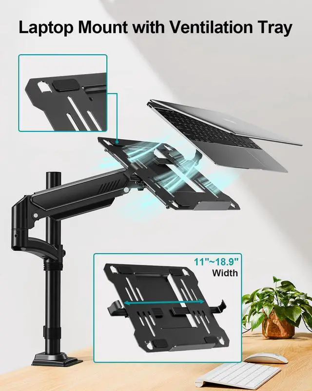 Alt view image 3 of 7 - Laptop Arm Desk Mount, Single Monitor Stand with VESA Laptop Tray, Adjustable Lap Top Holder for Max 22lbs 17" Notebook & 32" Computer Screen, Swivel Notebook Bracket, Clamp on/Grommet Base