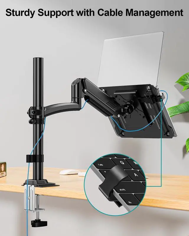 Alt view image 4 of 7 - Laptop Arm Desk Mount, Single Monitor Stand with VESA Laptop Tray, Adjustable Lap Top Holder for Max 22lbs 17" Notebook & 32" Computer Screen, Swivel Notebook Bracket, Clamp on/Grommet Base