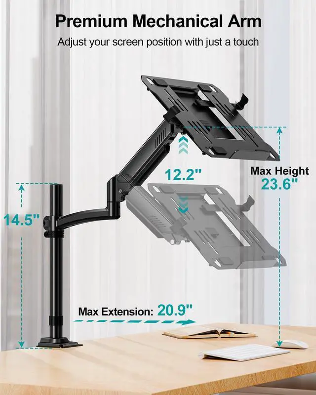 Alt view image 6 of 7 - Laptop Arm Desk Mount, Single Monitor Stand with VESA Laptop Tray, Adjustable Lap Top Holder for Max 22lbs 17" Notebook & 32" Computer Screen, Swivel Notebook Bracket, Clamp on/Grommet Base