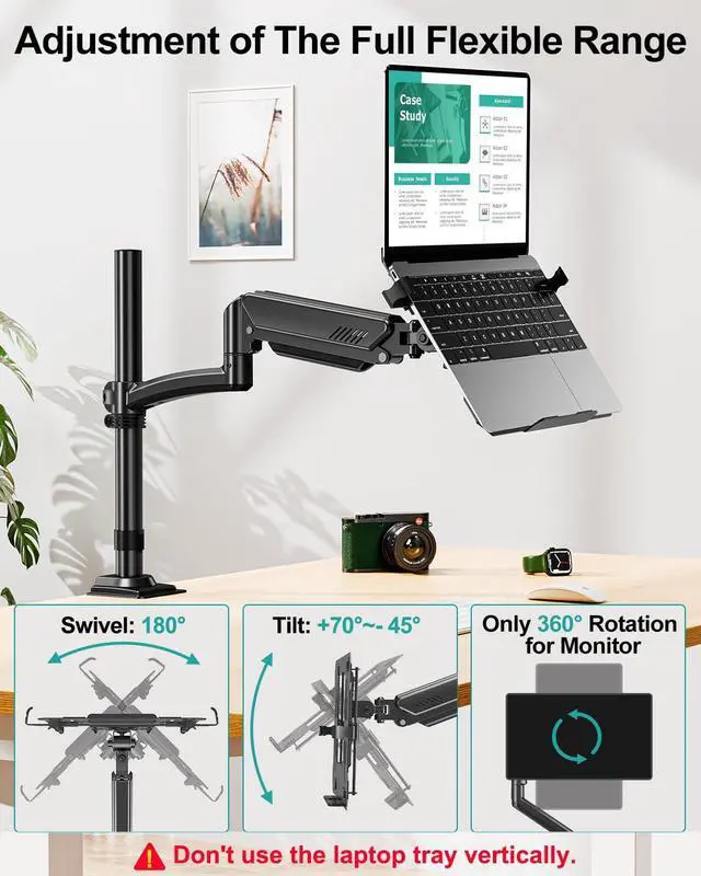 Alt view image 5 of 7 - Laptop Arm Desk Mount, Single Monitor Stand with VESA Laptop Tray, Adjustable Lap Top Holder for Max 22lbs 17" Notebook & 32" Computer Screen, Swivel Notebook Bracket, Clamp on/Grommet Base