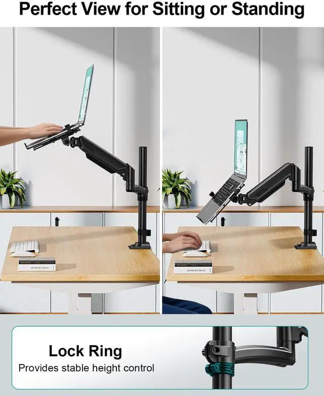 Alt view image 7 of 7 - Laptop Arm Desk Mount, Single Monitor Stand with VESA Laptop Tray, Adjustable Lap Top Holder for Max 22lbs 17" Notebook & 32" Computer Screen, Swivel Notebook Bracket, Clamp on/Grommet Base