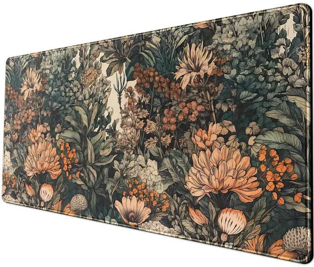 Main image of Flower Vintage Desk Pad Aesthetic Desk Mat Flower Mouse Pad Computer Big Mousepad Non-Slip Base Gaming Keyboard Giant Mouse Pad Computer Mat for Laptop Office with Stitched Eges 31.5x11.8 in