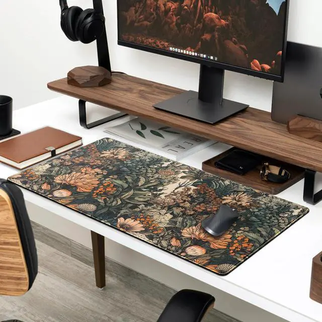 Alt view image 3 of 6 - Flower Vintage Desk Pad Aesthetic Desk Mat Flower Mouse Pad Computer Big Mousepad Non-Slip Base Gaming Keyboard Giant Mouse Pad Computer Mat for Laptop Office with Stitched Eges 31.5x11.8 in