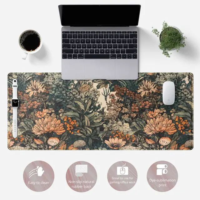 Alt view image 2 of 6 - Flower Vintage Desk Pad Aesthetic Desk Mat Flower Mouse Pad Computer Big Mousepad Non-Slip Base Gaming Keyboard Giant Mouse Pad Computer Mat for Laptop Office with Stitched Eges 31.5x11.8 in