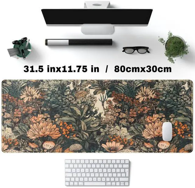 Alt view image 4 of 6 - Flower Vintage Desk Pad Aesthetic Desk Mat Flower Mouse Pad Computer Big Mousepad Non-Slip Base Gaming Keyboard Giant Mouse Pad Computer Mat for Laptop Office with Stitched Eges 31.5x11.8 in