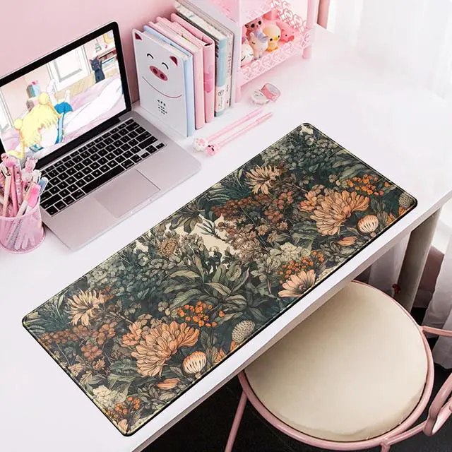 Alt view image 6 of 6 - Flower Vintage Desk Pad Aesthetic Desk Mat Flower Mouse Pad Computer Big Mousepad Non-Slip Base Gaming Keyboard Giant Mouse Pad Computer Mat for Laptop Office with Stitched Eges 31.5x11.8 in