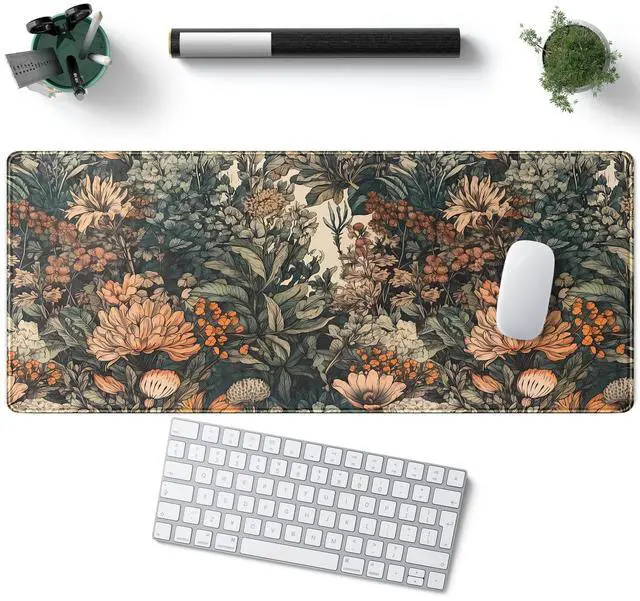 Alt view image 5 of 6 - Flower Vintage Desk Pad Aesthetic Desk Mat Flower Mouse Pad Computer Big Mousepad Non-Slip Base Gaming Keyboard Giant Mouse Pad Computer Mat for Laptop Office with Stitched Eges 31.5x11.8 in