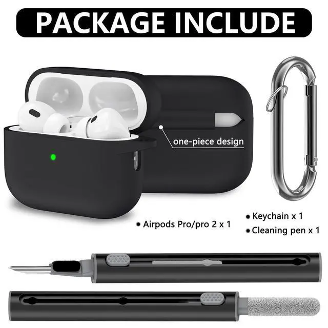 Alt view image 2 of 7 - for AirPods Pro Case Cover with Cleaner Kit,Soft Silicone Protective Cover for Apple AirPod Pro 2nd/1st Generation Case for Women Men,AirPods Pro 2/Pro Case Accessories with Keychain-Black
