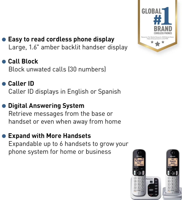 Alt view image 2 of 7 - Cordless Phone with Answering Machine DECT 6.0 Expandable, Call Block and Caller ID - 2 Cordless Handsets - KX-TGC222S (Silver)