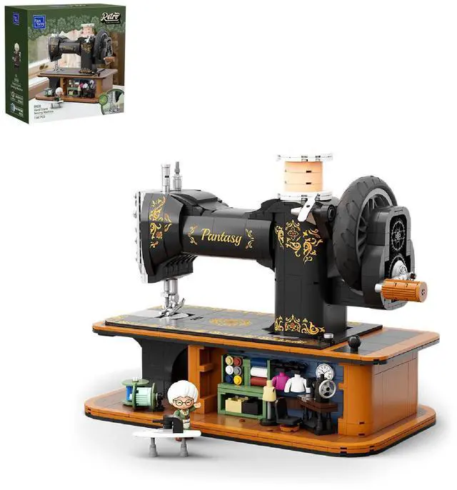 Main image of Retro Building Set, Vintage Hand Crank Sewing Machine Brick Model, Collectible with Functional Gear Linkage, Hidden Mini Tailor Shop Scene, Adult Display and Desk Decor Gift