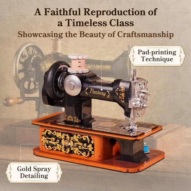 Alt view image 2 of 7 - Retro Building Set, Vintage Hand Crank Sewing Machine Brick Model, Collectible with Functional Gear Linkage, Hidden Mini Tailor Shop Scene, Adult Display and Desk Decor Gift
