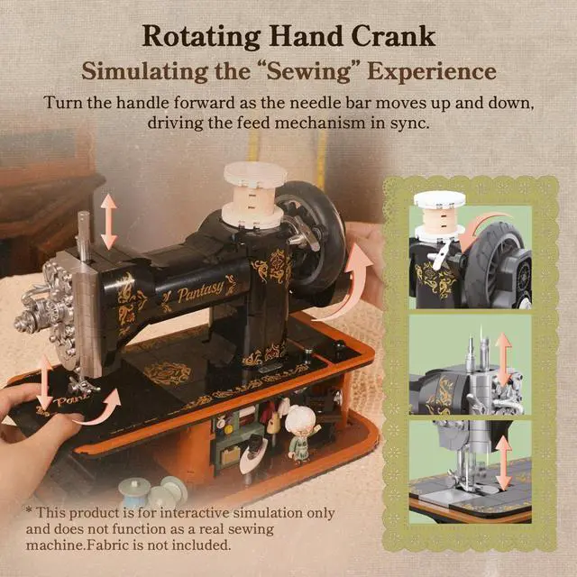 Alt view image 3 of 7 - Retro Building Set, Vintage Hand Crank Sewing Machine Brick Model, Collectible with Functional Gear Linkage, Hidden Mini Tailor Shop Scene, Adult Display and Desk Decor Gift