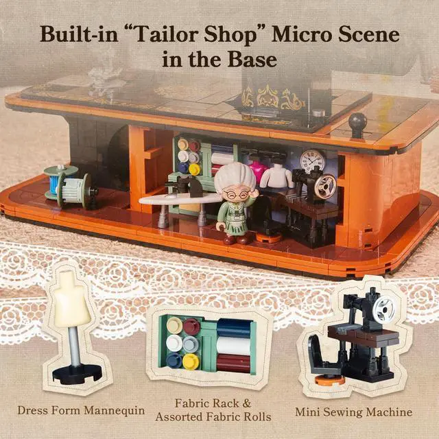 Alt view image 4 of 7 - Retro Building Set, Vintage Hand Crank Sewing Machine Brick Model, Collectible with Functional Gear Linkage, Hidden Mini Tailor Shop Scene, Adult Display and Desk Decor Gift