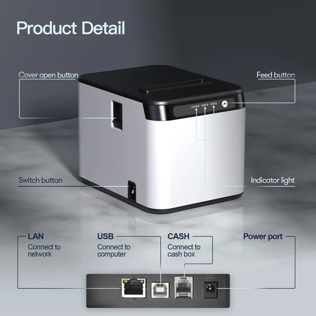 Alt view image 6 of 7 - 80mm Receipt Printer ESC/POS Thermal Printer Desktop Direct Print USB+LAN Connection High Efficiency with Auto Cutter Large Paper Bin for Shipping Business Restaurant Kitchen Supermarket