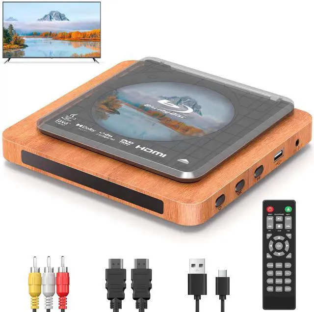 Main image of Blu-ray Player with HDMI/AV Cables & Remote, Dolby Audio/DTS 1080P | Plays Blu-ray A1, DVDs Region 1 (PAL) Support USB, Retro Design, Includes Remote & Cables
