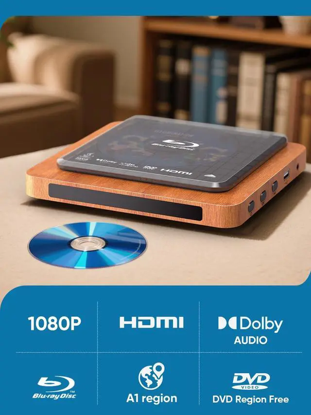 Alt view image 4 of 7 - Blu-ray Player with HDMI/AV Cables & Remote, Dolby Audio/DTS 1080P | Plays Blu-ray A1, DVDs Region 1 (PAL) Support USB, Retro Design, Includes Remote & Cables