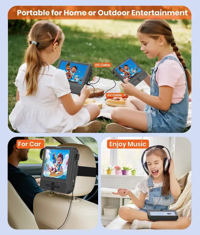 Alt view image 7 of 7 - 7.5 Inch Dual Car DVD Player, Portable Headrest Video Player for Car with 5 Hours Rechargeable Battery, Last Memory, AV Out/in, Support USB/SD/Sync TV, All Regions (1 Player+1 LCD Screen)