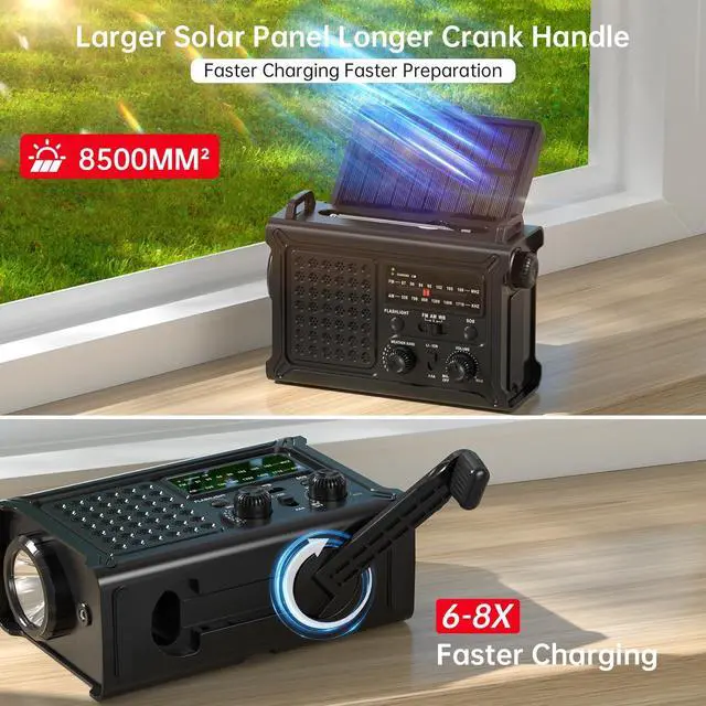 Alt view image 3 of 6 - NOAA Emergency Weather Radio - 12000mAh/44400mWh Portable AM/FM with Solar/Hand Crank/USB Rechargeable Battery/SOS Alarm for Indoor/Outdoor Emergencies