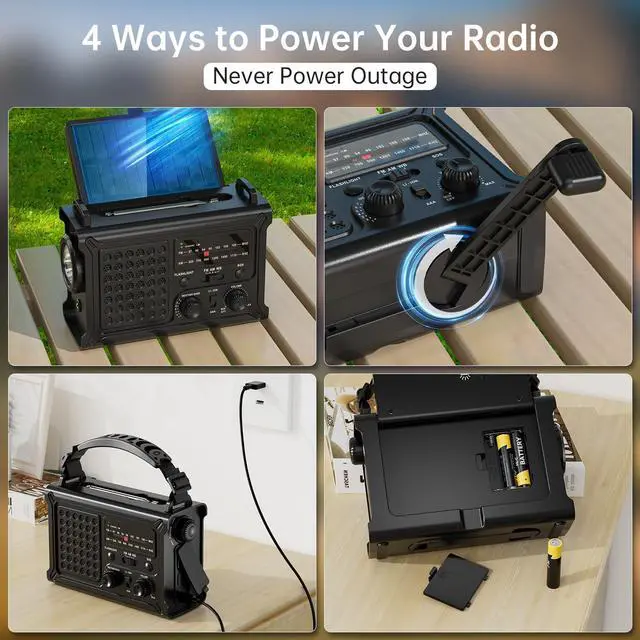 Alt view image 6 of 6 - NOAA Emergency Weather Radio - 12000mAh/44400mWh Portable AM/FM with Solar/Hand Crank/USB Rechargeable Battery/SOS Alarm for Indoor/Outdoor Emergencies