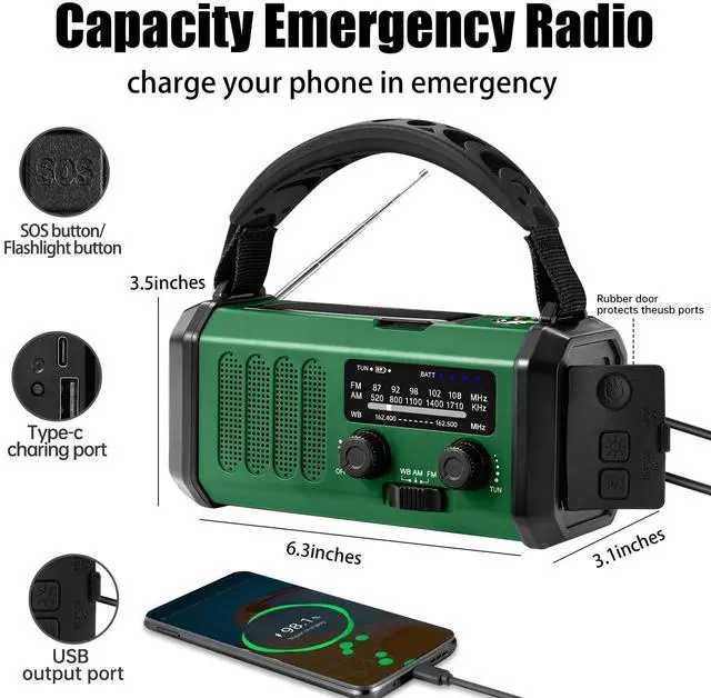 Alt view image 5 of 7 - Hand Crank Emergency Radio,74000mWhSolar Powered Hand Crank Portable NOAA AM FM Weather Radio with 3Mode Flashlight and Reading Light,Cell Phone Charger,Home and Emergency Distress Signall