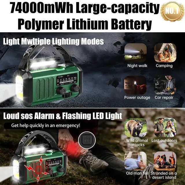 Alt view image 3 of 7 - Hand Crank Emergency Radio,74000mWhSolar Powered Hand Crank Portable NOAA AM FM Weather Radio with 3Mode Flashlight and Reading Light,Cell Phone Charger,Home and Emergency Distress Signall