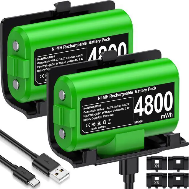 Main image of for Rechargeable Xbox Controller Battery Pack 2x4800mWh Long-Lasting Battery with 4 Back Covers, USB-C Fast Charging Compatible with Xbox Series X|S / Xbox One / Elite Controller (Green)