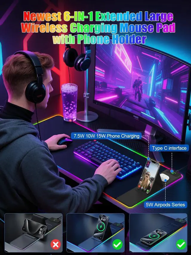 Alt view image 3 of 7 - Mouse Pad with Foldable Phone Holder & Wireless Charger, XXL RGB Gaming Mousepad 31.5"x15.8" Large Desk Mat for Keyboard, Black Desk Pad with Dual Qi Charging Station | 11 Colors 5 Modes | Waterproof