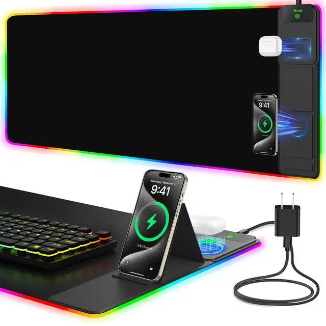 Main image of Mouse Pad with Foldable Phone Holder & Wireless Charger, XXL RGB Gaming Mousepad 31.5"x15.8" Large Desk Mat for Keyboard, Black Desk Pad with Dual Qi Charging Station | 11 Colors 5 Modes | Waterproof