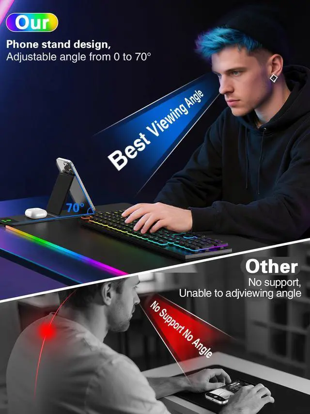Alt view image 2 of 7 - Mouse Pad with Foldable Phone Holder & Wireless Charger, XXL RGB Gaming Mousepad 31.5"x15.8" Large Desk Mat for Keyboard, Black Desk Pad with Dual Qi Charging Station | 11 Colors 5 Modes | Waterproof