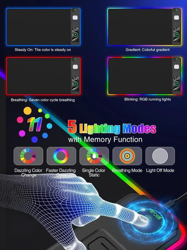 Alt view image 5 of 7 - Mouse Pad with Foldable Phone Holder & Wireless Charger, XXL RGB Gaming Mousepad 31.5"x15.8" Large Desk Mat for Keyboard, Black Desk Pad with Dual Qi Charging Station | 11 Colors 5 Modes | Waterproof