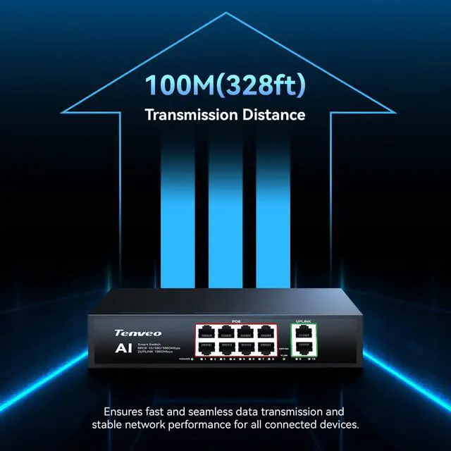 Alt view image 5 of 7 - 8 Port Full Gigabit PoE Switch, 8 PoE+ Ports @120W, 2*Uplink Port, Plug & Play, Support VLAN, Metal Case, High Stability, Easy Smart Managed Ethernet Switch, Ideal for Various Live Streaming