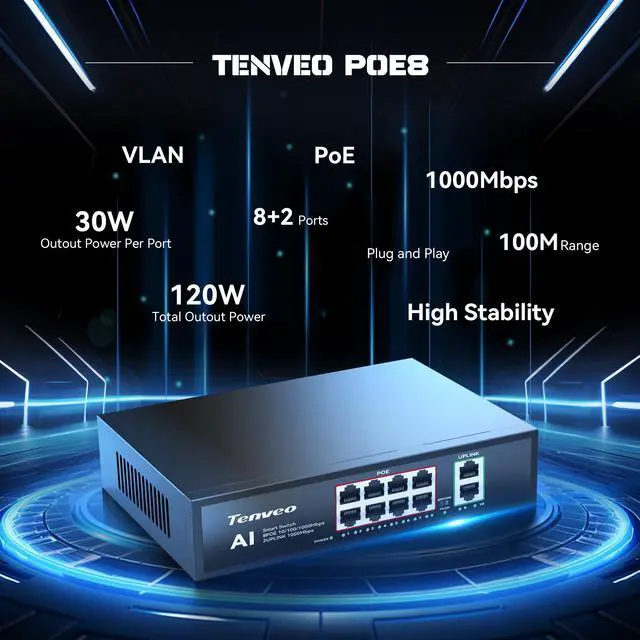 Alt view image 2 of 7 - 8 Port Full Gigabit PoE Switch, 8 PoE+ Ports @120W, 2*Uplink Port, Plug & Play, Support VLAN, Metal Case, High Stability, Easy Smart Managed Ethernet Switch, Ideal for Various Live Streaming
