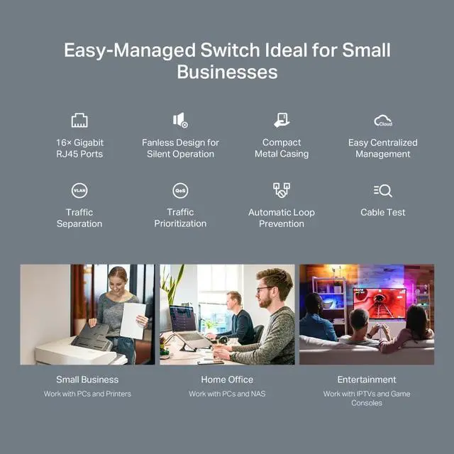Alt view image 2 of 5 - 16 Port Gigabit Easy Managed Switch, VLAN, Auto Loop Prevention, IGMP Snooping, Fanless, Managed by Omada, Durable Metal w/ Shielded Ports(TL-SG216E)
