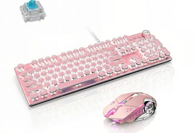 Main image of Mechanical Gaming Keyboard and Mouse Combo, Retro Steampunk Vintage Typewriter-Style Keyboard with LED Backlit, 104-Key Anti-Ghosting Blue Switch Wired USB Metal Panel Round Keycaps, Pink