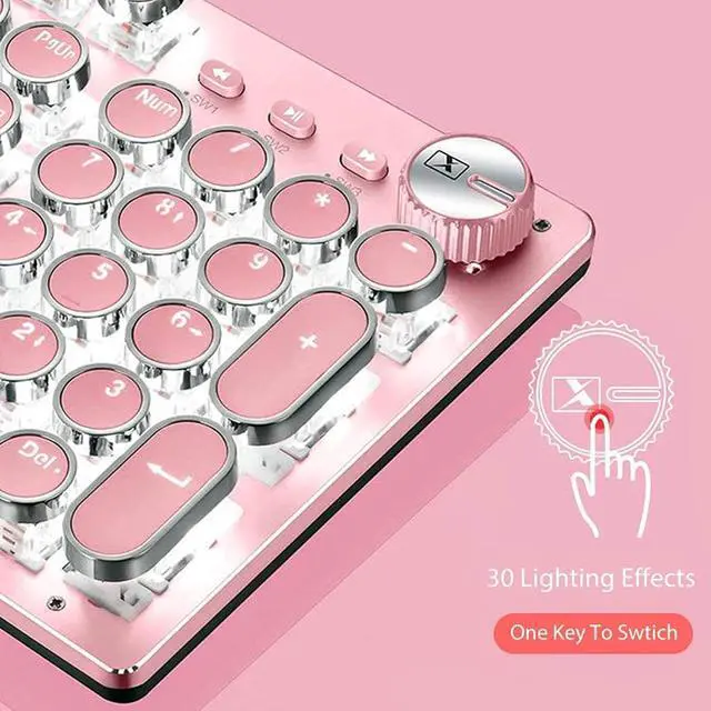 Alt view image 3 of 6 - Mechanical Gaming Keyboard and Mouse Combo, Retro Steampunk Vintage Typewriter-Style Keyboard with LED Backlit, 104-Key Anti-Ghosting Blue Switch Wired USB Metal Panel Round Keycaps, Pink
