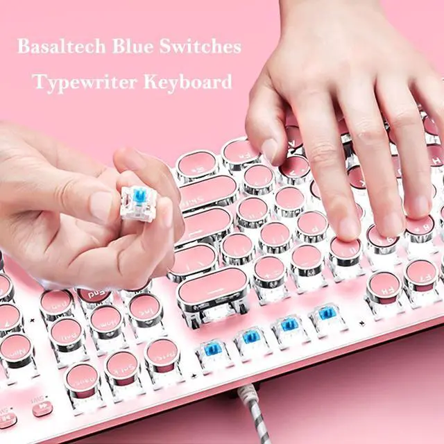 Alt view image 4 of 6 - Mechanical Gaming Keyboard and Mouse Combo, Retro Steampunk Vintage Typewriter-Style Keyboard with LED Backlit, 104-Key Anti-Ghosting Blue Switch Wired USB Metal Panel Round Keycaps, Pink