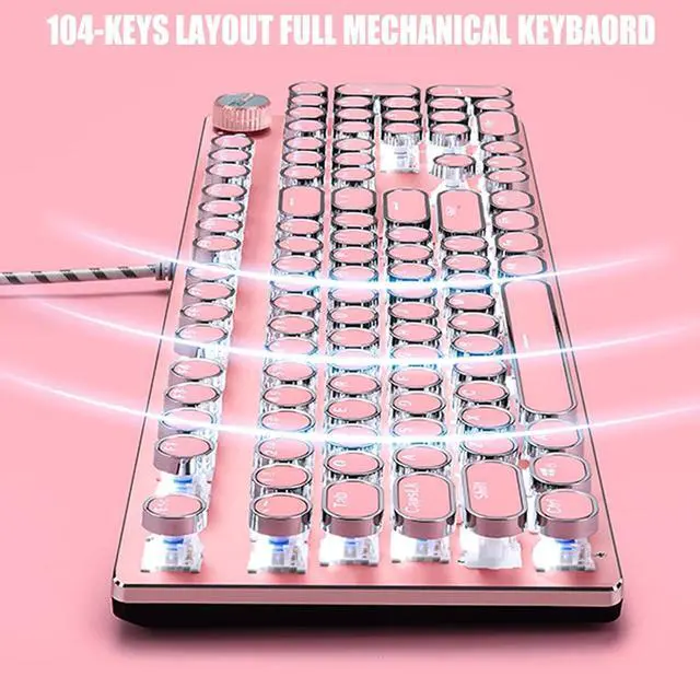 Alt view image 5 of 6 - Mechanical Gaming Keyboard and Mouse Combo, Retro Steampunk Vintage Typewriter-Style Keyboard with LED Backlit, 104-Key Anti-Ghosting Blue Switch Wired USB Metal Panel Round Keycaps, Pink