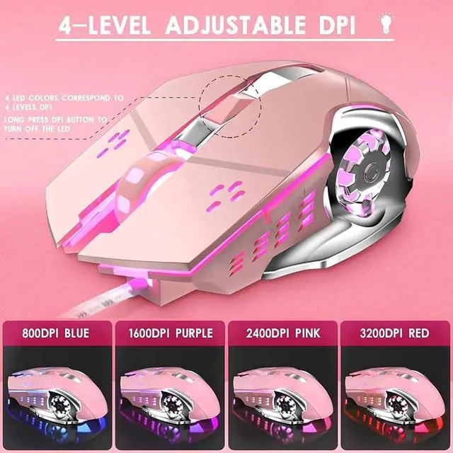 Alt view image 6 of 6 - Mechanical Gaming Keyboard and Mouse Combo, Retro Steampunk Vintage Typewriter-Style Keyboard with LED Backlit, 104-Key Anti-Ghosting Blue Switch Wired USB Metal Panel Round Keycaps, Pink