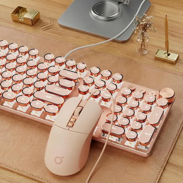 Main image of Wired Typewriter Keyboard and Mouse Combo, Typewriter Style Mechanical Keyboard,104 Keys Backlit LED Keyboards, Media Control Knob, Wired Keyboard Pink Switch for Windows/PC-Pink
