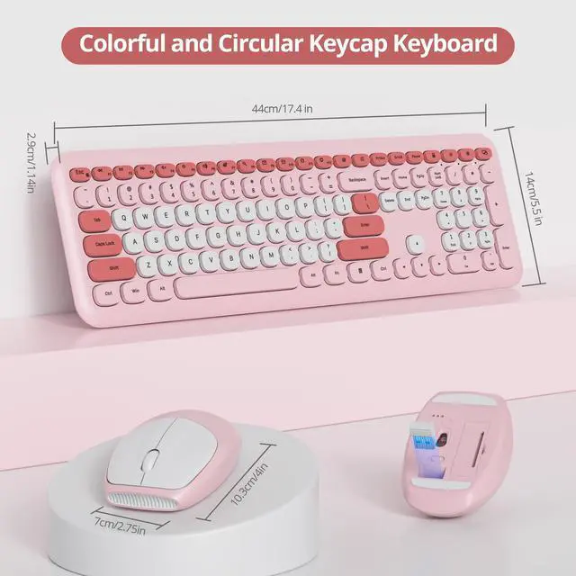 Alt view image 4 of 7 - Wireless Typewriter Keyboard and Mouse Combo Retro 104 Key Full Size Office Set Pink with Silent Round Keycaps, Ideal for Laptop and Desktop PCs, Cute Design Keyboard (Pink White)